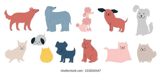 Conjunto de lindos vectores de perros. Perro encantador y simpático patrón de doodle de cachorro en diferentes poses y razas de color plano. Mascota divertida y muchos personajes colección dibujada a mano sobre fondo blanco.