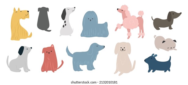 Set of cute dogs vector. Lovely dog and friendly puppy doodle pattern in different poses and breeds with flat color. Adorable funny pet and many characters hand drawn collection on white background.