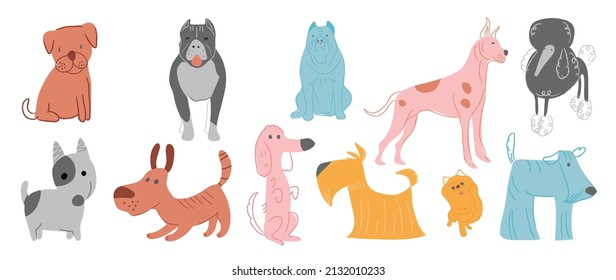 Conjunto de lindos vectores de perros. Perro encantador y simpático patrón de doodle de cachorro en diferentes poses y razas de color plano. Mascota divertida y muchos personajes colección dibujada a mano sobre fondo blanco.