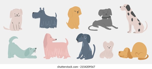 Set of cute dogs vector. Lovely dog and friendly puppy doodle pattern in different poses and breeds with flat color. Adorable funny pet and many characters hand drawn collection on white background.