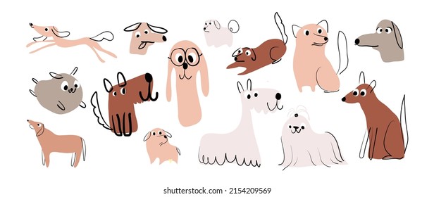 Set of cute dogs vector. Lovely dog and friendly puppy abstract doodle pattern in different poses and breeds with flat color. Adorable funny pet characters hand drawn collection on white background.