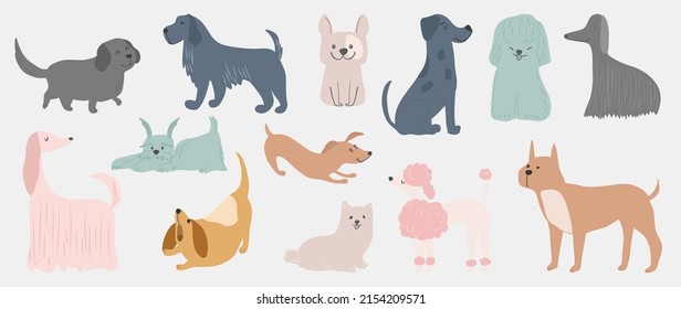 Conjunto de lindos vectores de perros. Perro encantador y simpático patrón de doodle de cachorro en diferentes poses y razas de color plano. Mascota divertida y muchos personajes colección dibujada a mano sobre fondo blanco.