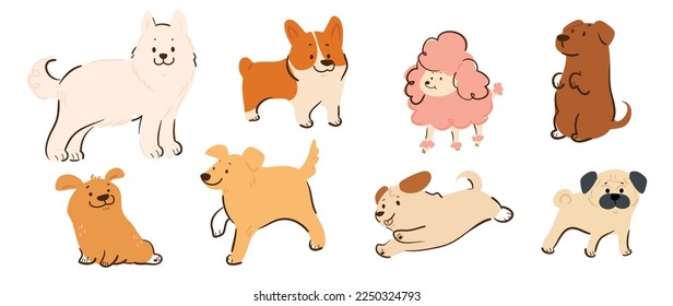 Set of cute dogs vector. Lovely dog and puppy doodle pattern in different poses, breeds, pug, corgi, poodle, samoyed with flat color. Adorable pet characters hand drawn collection on white background. - Shutterstock ID 2250324793