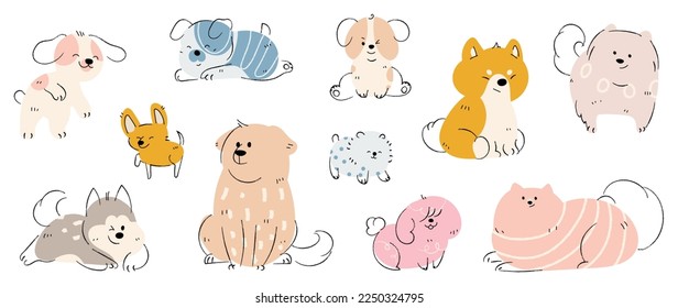 Set of cute dogs vector. Lovely dog and puppy doodle pattern in different poses, breeds, shiba, labrador, chihuahua with flat color. Adorable pet characters hand drawn collection on white background.