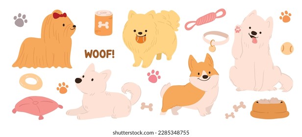 Set of cute dogs vector. Lovely dog and puppy doodle pattern in different, breeds, collar, bone, bowl, canned food with flat color. Adorable pet characters hand drawn collection on white background.