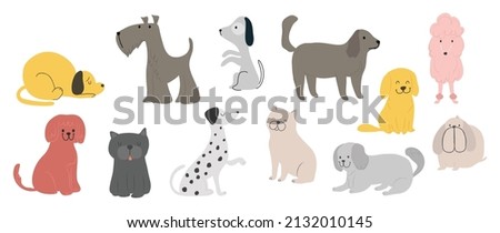 Set of cute dogs vector. Lovely dog and friendly puppy doodle pattern in different poses and breeds with flat color. Adorable funny pet and many characters hand drawn collection on white background.