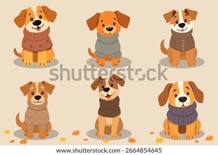 Set of cute dogs wearing warm clothes or a knitted costume for autumn or fall. Sweater weather or winter fashion, accessories and cozy style for a collection or group of happy, dressed up pets