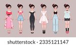 A set of cute dolls in different clothes, good for dress up games for kids girls. Cute doll in cartoon style in different outfits in hand-drawn vector graphic