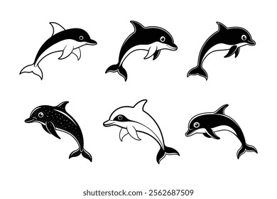 A set of cute dolphin silhouette vector illustration.