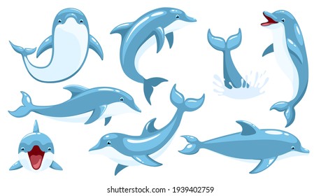 Set of cute dolphins. Cute blue dolphins set, dolphin jumping and performings tricks with ball for entertainment show