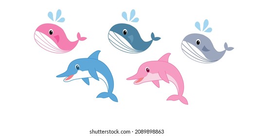 Set of cute dolphins cartoon. Cute blue and pink dolphins set,set of whales, vector illustration 