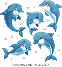 Set of cute dolphins in cartoon style. Five dolphins in different poses and with different characters.