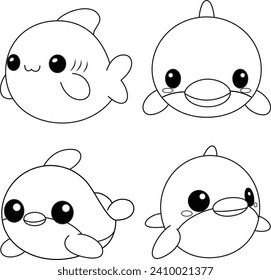 Set of cute Dolphins And Shark Cartoon Coloring Page