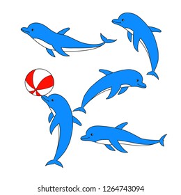 Set of cute dolphins. Vector illustration.