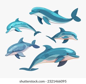 Set of cute dolphins. Vector illustration