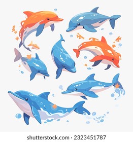 Set of cute dolphins. Vector illustration