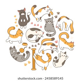 Set of cute domestic Cats different activities. Pets sleep, lie and sit. Plays with a ball, sharpens its claws, asks for food. Footprint, Animal tracks. Kitten characters. Color vector illustration.