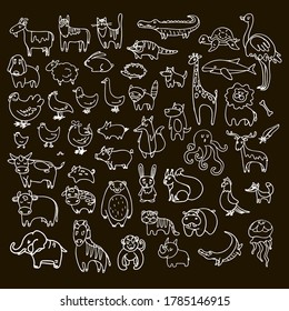 Set of cute domestic and wild animals, animals of the ocean Vector stock illustration Farm bird cow bull calf pig goat sheep cat dog horse fox hand-drawn doodles black background a piece of chalk