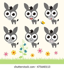Set of cute donkey with big eyes in different emotions.