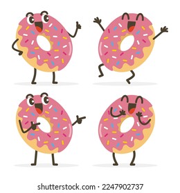 Set of Cute Donut Cartoon Food Characters isolated on white.