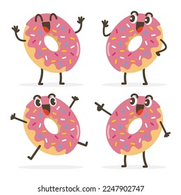 Set of Cute Donut Cartoon Food Characters isolated on white.