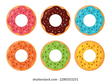 Set von scharfem Donut mit buntem Glaze und Choco Sprinkles Flavor Kollektion Vektorgrafik-Illustration LebensmittelBäckerei Doodle einzeln auf weißem Hintergrund