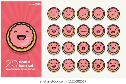 Set of Cute Donut Emoji Line Icons In Different Expressions