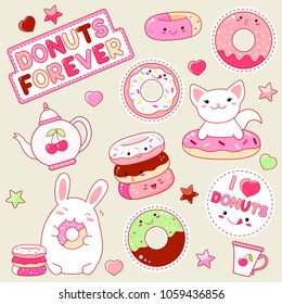 Set of cute donut icons in kawaii style with smiling face and pink cheeks for sweet design. Sticker with inscription I love donuts and Donuts forever. Bunny, cat, teapot, shiny heart and star. EPS8  