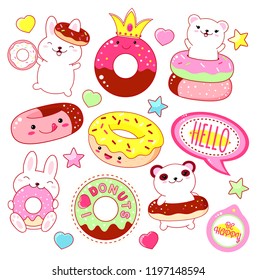 Set of cute donut icons in kawaii style with smiling face and pink cheeks for sweet design. Sticker with inscription I love donuts and Be happy. Bunny, polar bear, shiny heart and star. EPS8  