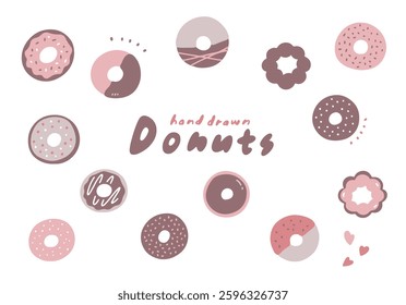 A set of cute donut illustrations hand-drawn in dull colors