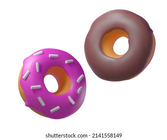 A set of cute donuts in a cute 3D style. Vector illustration of sweet food.