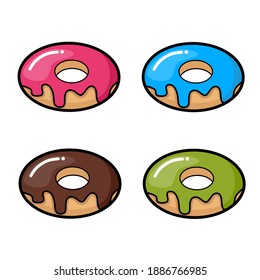 Set of cute donuts with melted cream icon. Chocolate, blueberry, strawberry, and green tea flavour. Design for cafeteria and bakery shop. Flat illustration vector