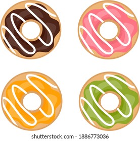 Set of cute donuts with melted cream icons. Chocolate, strawberry, orange, and green tea flavour. Design for cafeteria and bakery shop. Flat illustration vector