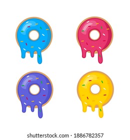 Set of cute donuts with melted cream and rainbow sprinkles icon. Blueberry, strawberry, taro and orange flavour. Design for cafeteria and bakery shop. Flat illustration vector