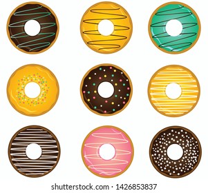 set of cute donuts vector illustration. Front view of donuts. Different flavors and glazed doughnut with sprinkles.