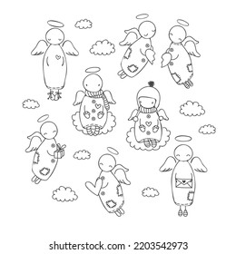 Set of cute doodle angels in the sky with clouds, cartoon vector illustration, black and white outline