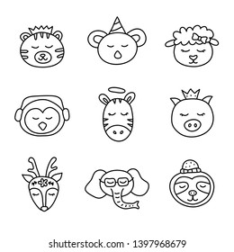 Set of cute doodle animal faces in scandinavian style isolated on white background.