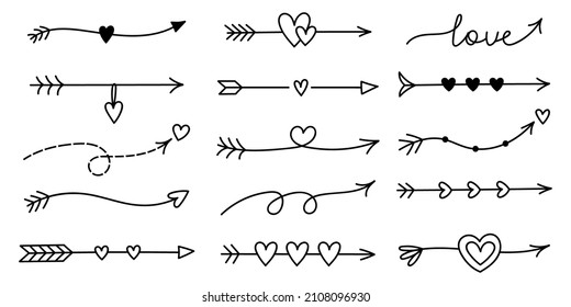 Set of cute doodle arrows for Valentine's Day isolated on white background. Vector hand-drawn illustration. Perfect for holiday designs, cards, invitations, decorations. Romantic clipart collection.