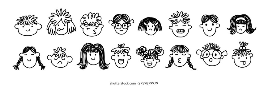 Set of cute doodle avatars. Funny child portraits with different emotions. Kids faces with happy and sad expressions. Outline children. Hand drawn isolated vector illustrations on white background