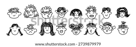 Set of cute doodle avatars. Funny child portraits with different emotions. Kids faces with happy and sad expressions. Outline children. Hand drawn isolated vector illustrations on white background