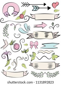 Set of cute doodle banners, floral elements and hearts for your design