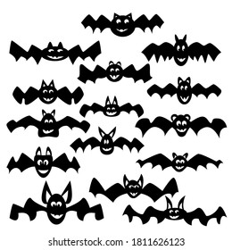 Set of cute doodle bats, silhouettes of flying animals for Halloween, mammals of various shapes and sizes. vector illustration for design and creativity