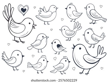 Set of cute Doodle birds isolated on white background. Hand drawn vector illustration of cartoon animals for coloring book design, stickers, decoration. Sketch of pigeon, hen, sparrow, titmouse.