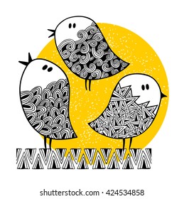 Set of cute doodle birds on the sunny background. Vector illustration.