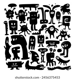 set of cute doodle black monster funny vector illustration