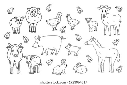Set of cute doodle black outline vector cartoon animals at farm. Sheep, ram, cow, bull, calf, chicken, rooster, goat mother and kid, pig small and big, rabbit, hare, horse isolated on white background