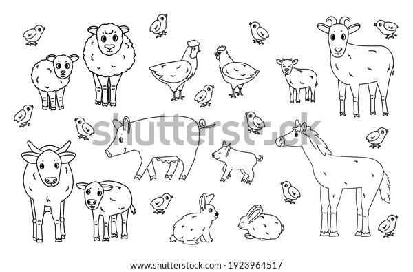 Set of cute doodle black outline vector\
cartoon animals at farm. Sheep, ram, cow, bull, calf, chicken,\
rooster, goat mother and kid, pig small and big, rabbit, hare,\
horse isolated on white\
background