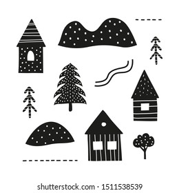 Set of cute doodle black scandinavian icons isolated on white background. Nordic folk art children poster.