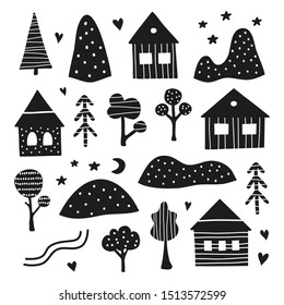 Set of cute doodle black scandinavian icons isolated on white background. Nordic folk art children poster.