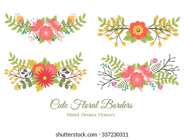 Set of cute doodle borders with flowers and leaves for decoration or cards, wedding invitation, postcards, party, baby shower, birthday. Vintage floral elements template. Vector gentle illustration.